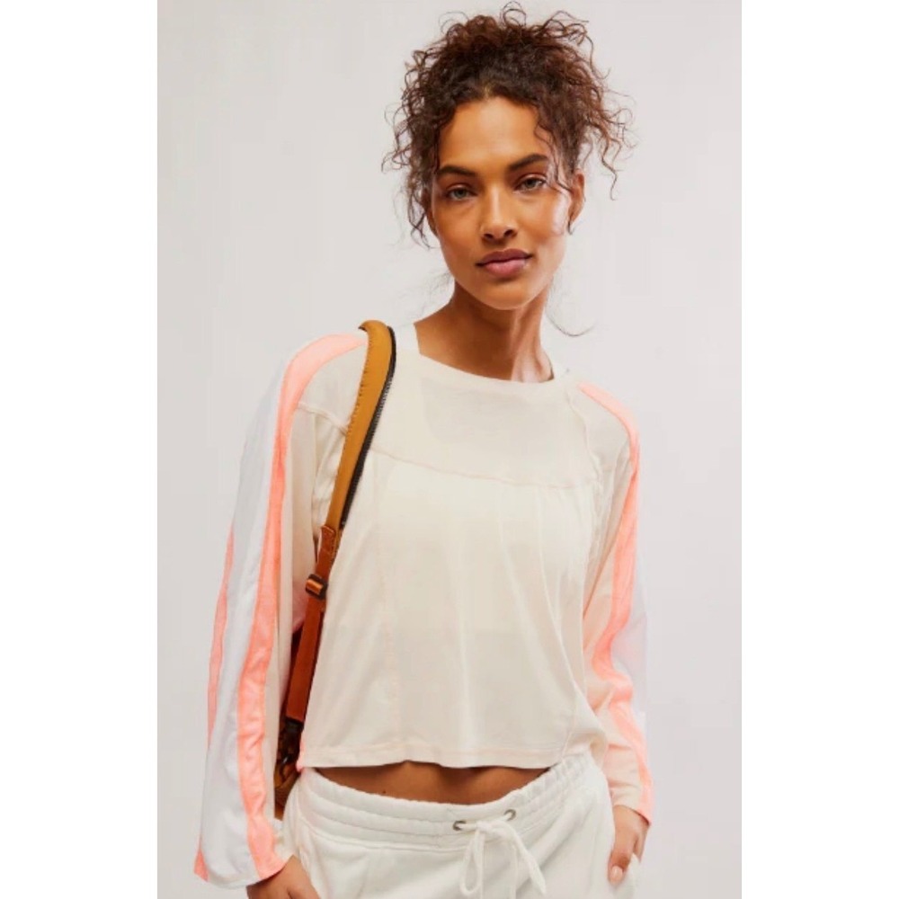 Free People Movement Go For‎ Goals Long Sleeve Top L Neon Coral Stripe NWT